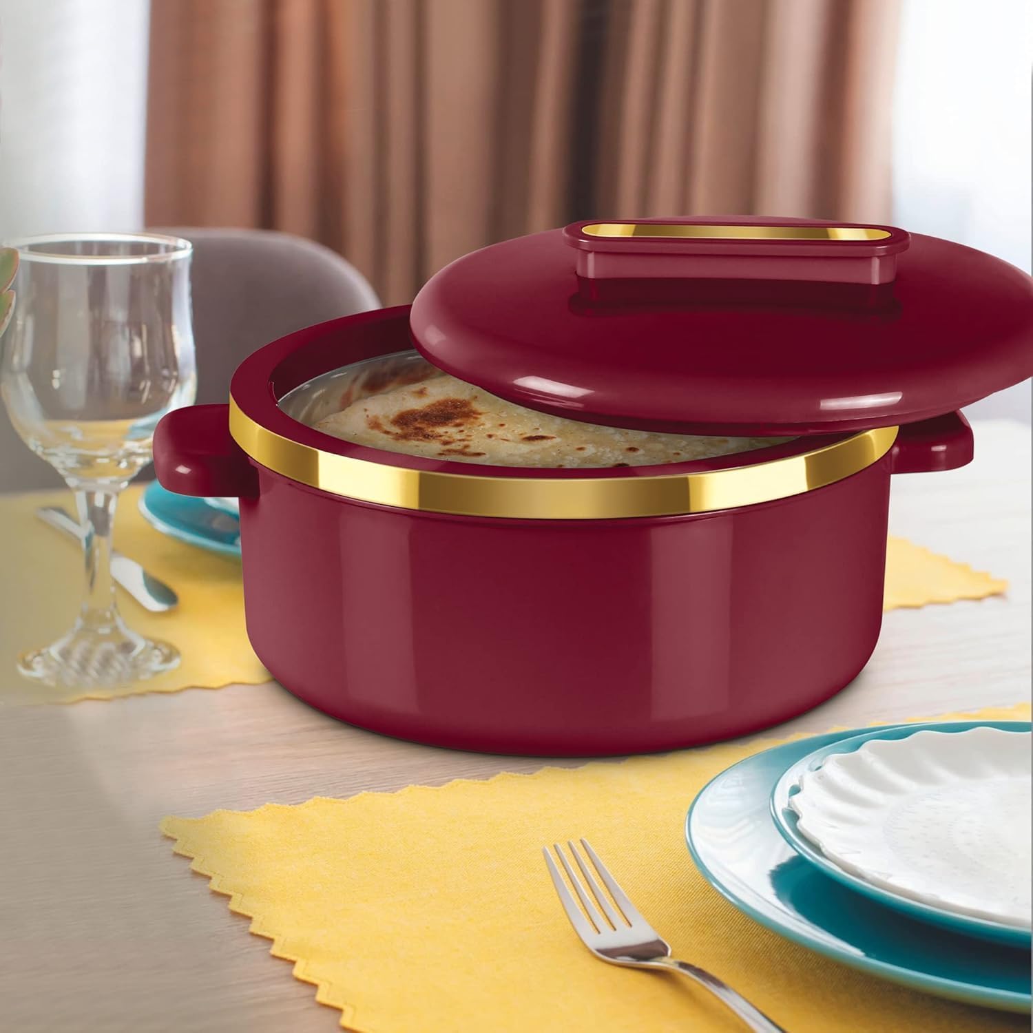 Casserole Curve Inner Stainless Steel Casserole | BPA Free | Food Grade | Easy to Carry | Easy to Store Chapati | Roti |Curd Maker Diwali Gift Item Pack of 1(1500ml) Maroon