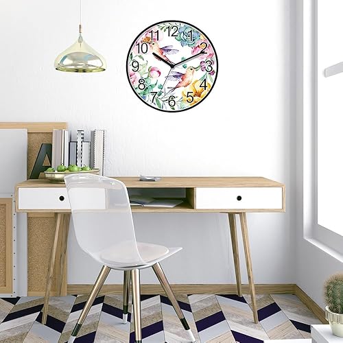 Miniatura 6 de Reloj de pared silencioso sin tictac, funciona con pilas, de cuarzo, gran número, flor de colibrí, relojes decorativos para oficina, aula, sala de