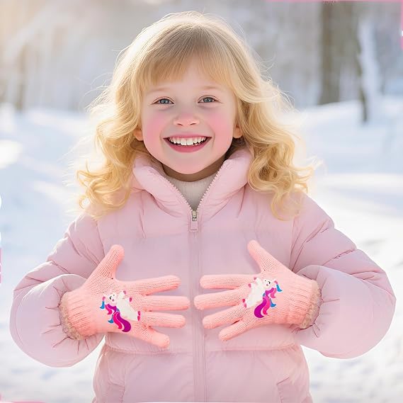 FENELY 3 Pairs Kids Winter Knit Gloves - Stretchy Full Finger Fluffy Warm for Boys Girls Toddler 4-7-12 Years