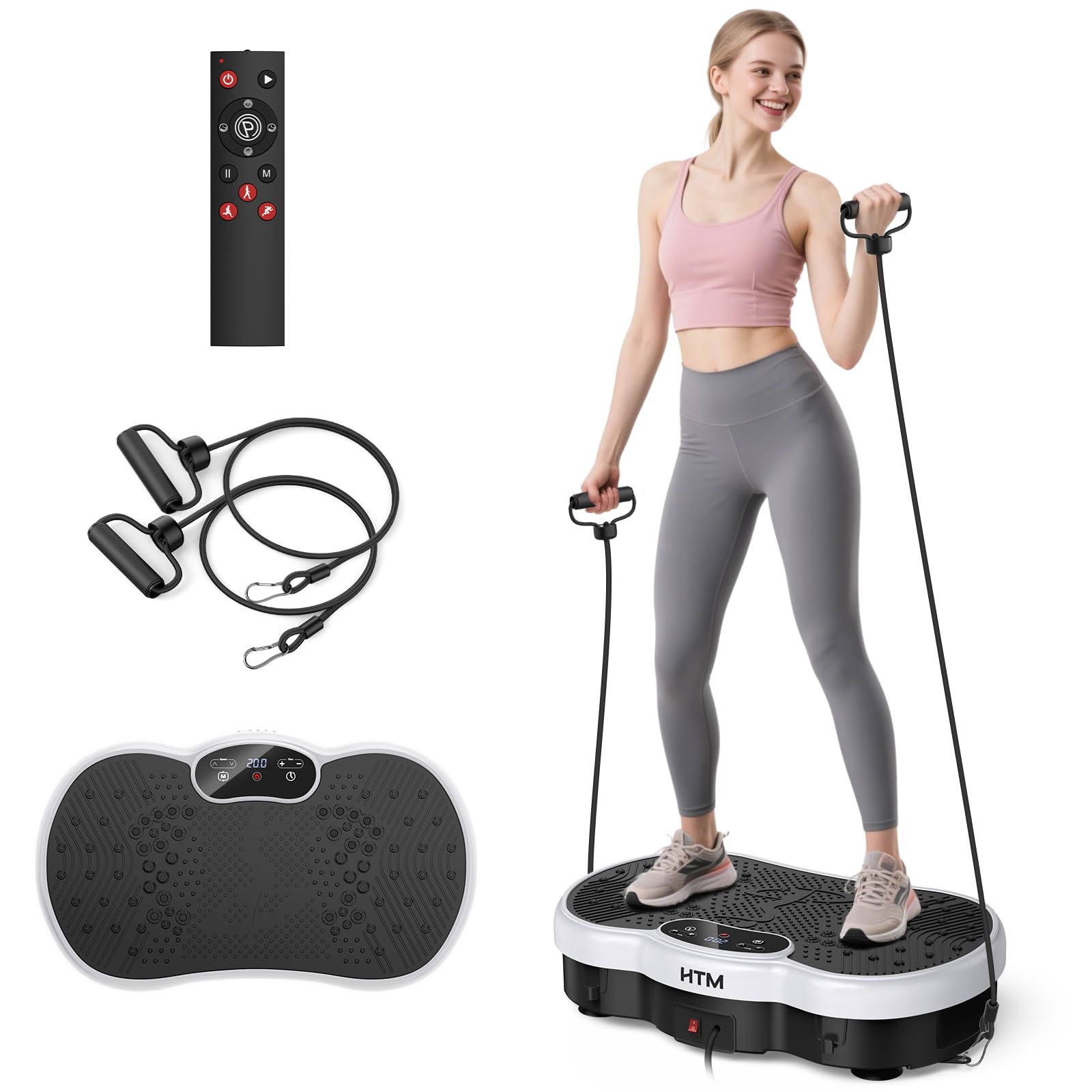 HTM Vibration Plate Exercise Machine, 9 Modes &amp; 120 Speeds, Body Shake Plate with Resistance Bands Slot &amp; Remote Control, Shake Board for Weight Loss Fat Burner Home Fitness Workout