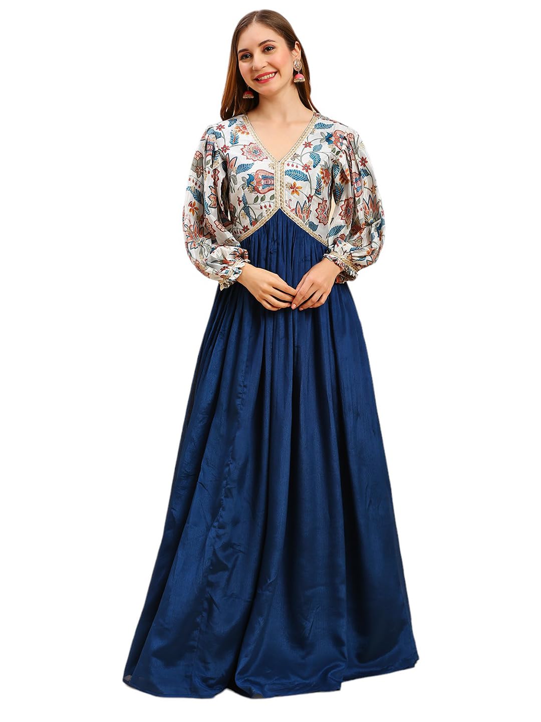 Madhuram Women's Chinon Gown for Women Ethnic with Digital Print and Embroidery Work Long Gown(M-2453)-image-2