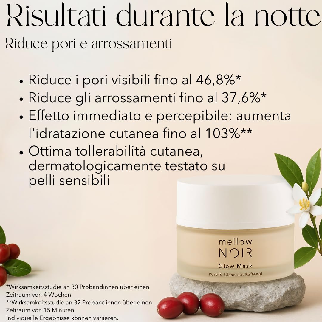 mellow NOIR Glow Mask 50ml | crema notte quotidiana | Riduce i pori visibili e gli arrossamenti | Per una pelle più liscia | Effetto immediato e percepibile | Vegano | Cosmesi naturale certificata