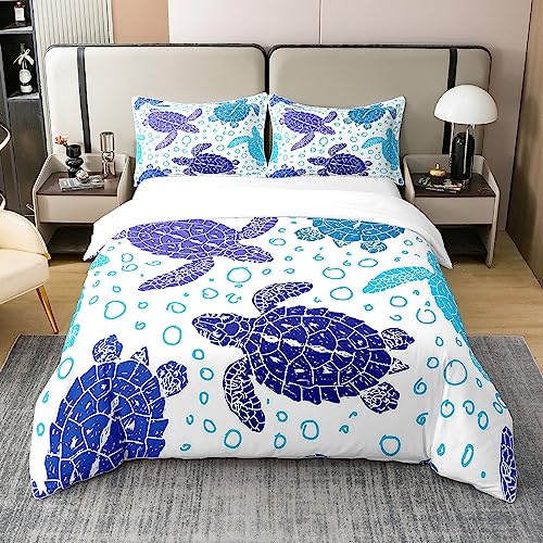 100% Cotton Sea Turtle Comforter Cover, Tortoise Blue Sea Duvet Cover King for Kids Boys Girls Teens Ocean Life Bedding Set