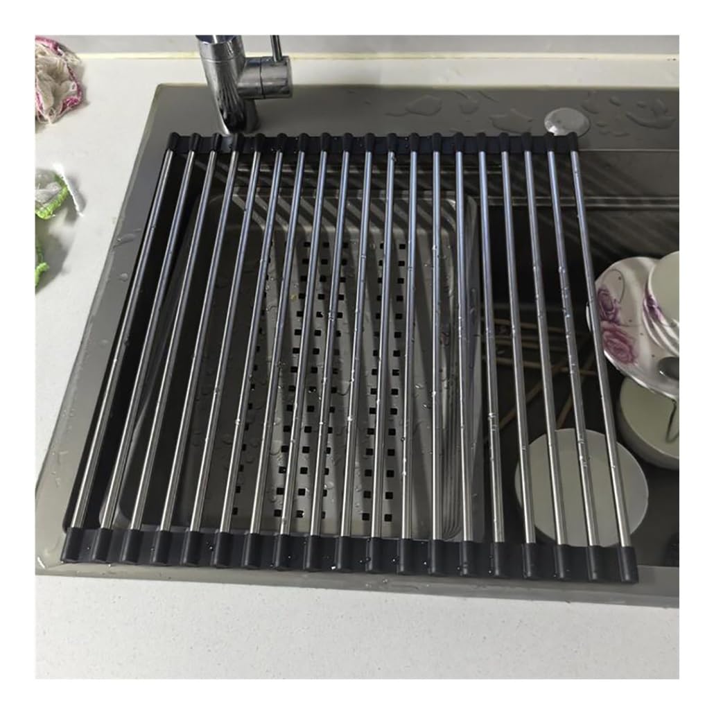 Escurridor de 37-47 cm, Enrollable, Resistente al Calor, para fregaderos de Acero Inoxidable, Plegable, con Base de Silicona Antideslizante.