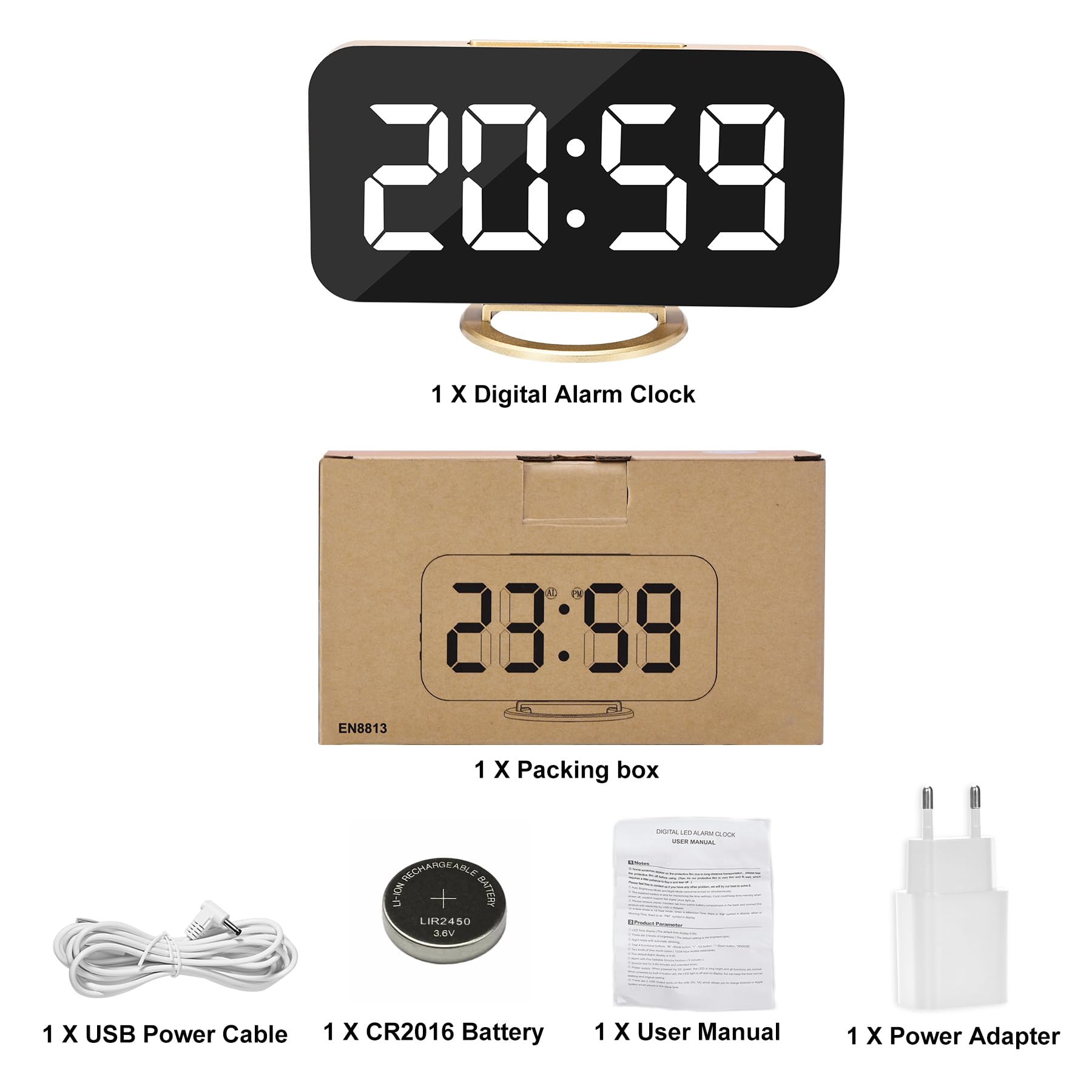 U-picks Sveglia a specchio, Sveglia digitale Ampio display a LED da 6,5 "con modalità di rilevamento della luce, luminosità regolabile, 2 porte di ricarica USB Grande pulsante SNOOZE (oro)