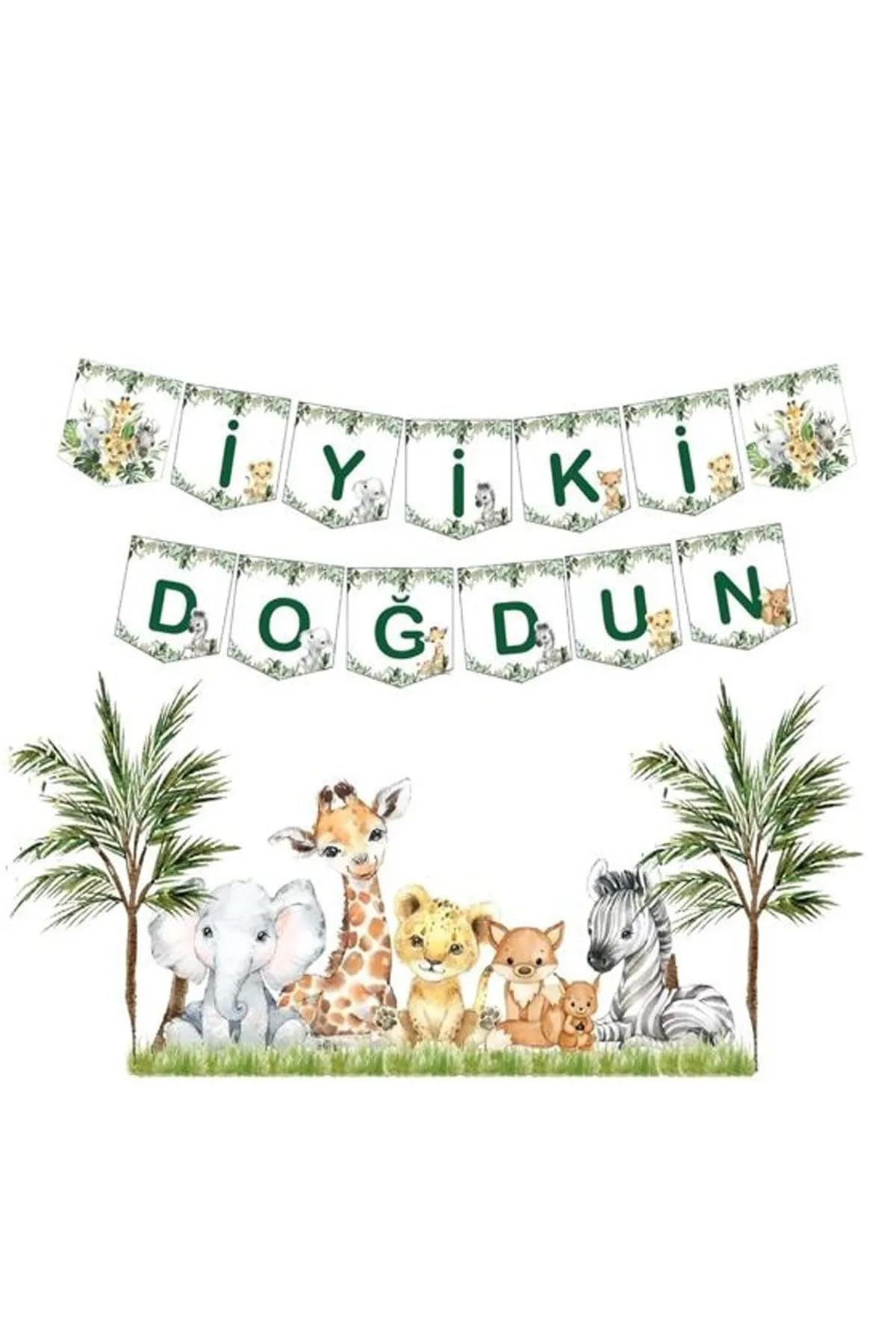 Trend Hediye Sepeti İyi Ki Doğdun Yazısı Doğum Günü Banner, Safari Konsept Temalı Flama, Baby Animal