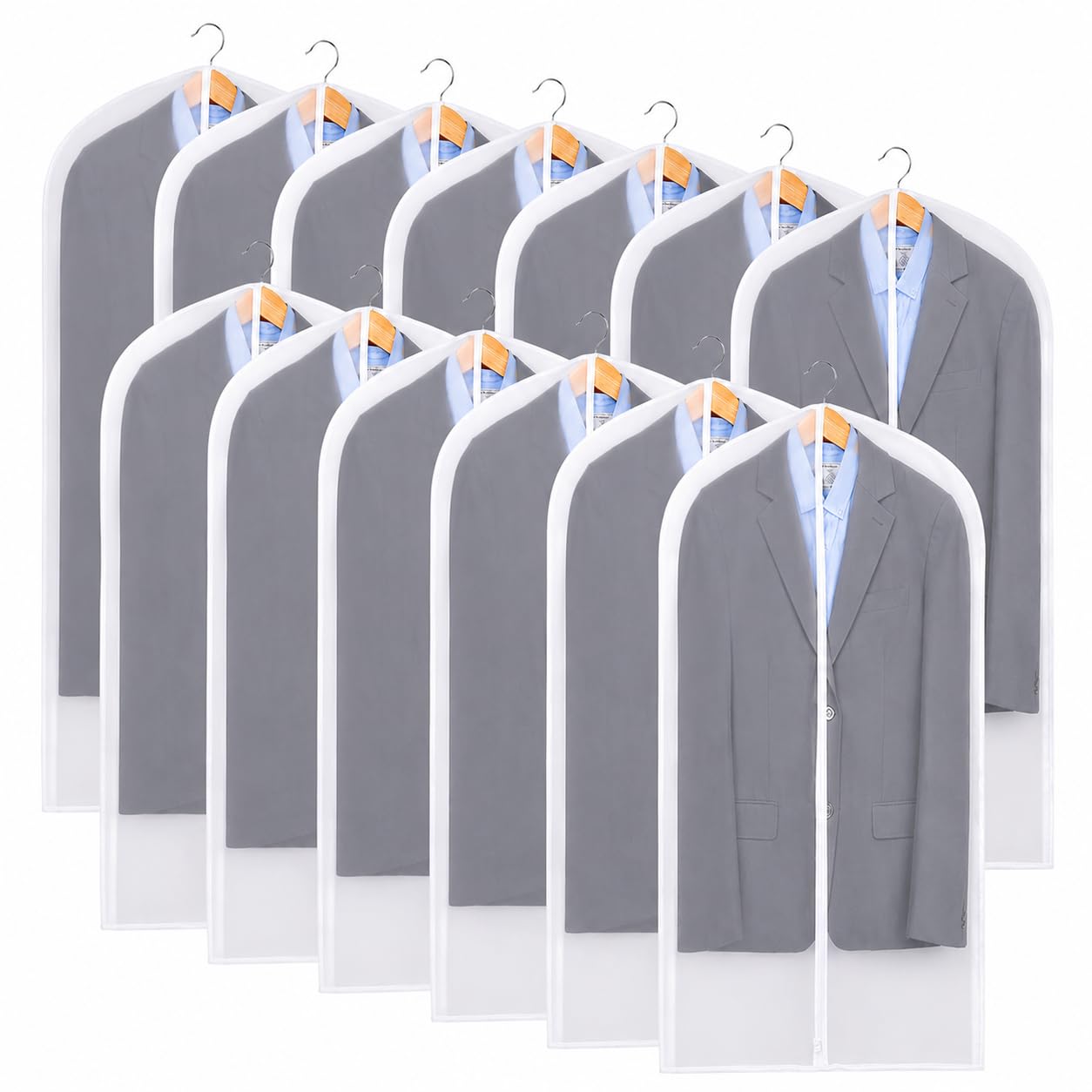 Niviy Dress Bag for Hanging Clothes, 60 x 140 cm Clear Dress Cover with Zip, Waterproof Dustproof PEVA Clothes Storage Bag for Dresses, Coats, Suits & Long Garments, Wardrobe Protector Pack of 12