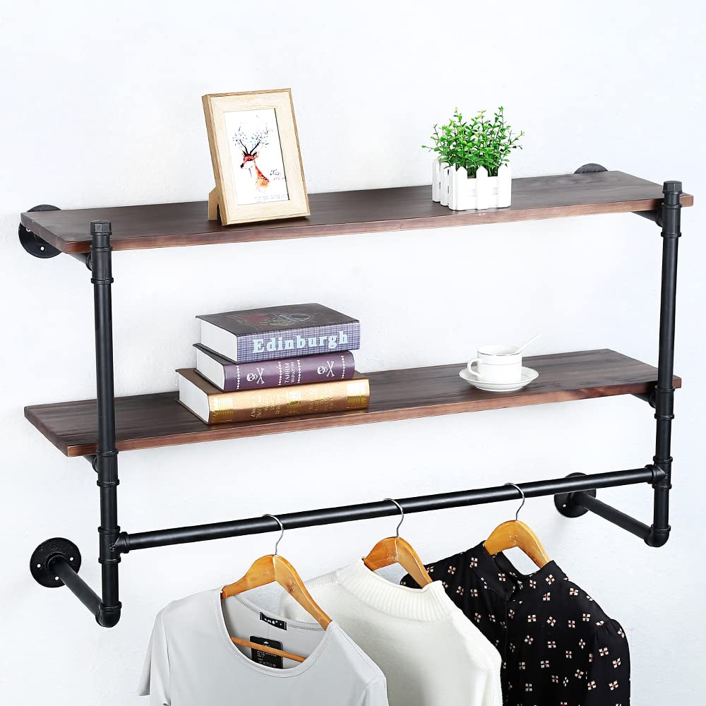 HAOVON Industrial Pipe Clothing Rack Wall Mounted Wood Shelf,Pipe Shelving Floating Shelves,Retail Garment Rack Display Rack Clothes Racks(2 Tier,42in)