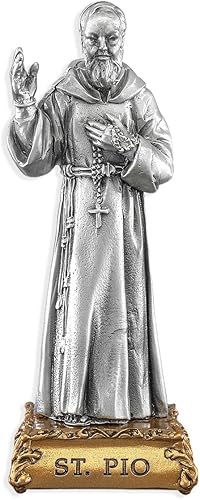 St. Padre Pio - Estatua de santo patrón de peltre fino sobre base dorada, fabricada en los Estados Unidos, 4-12 pulgadas