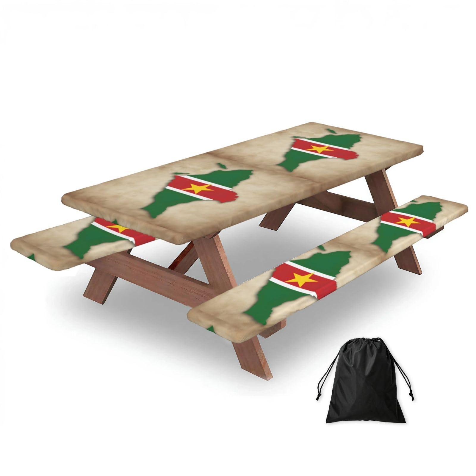Duwaa Black Suriname Flag Map04 Print 183Cm Picnic Table Cover With Bench Covers, Waterproof Elastic Tablecloth Set For Outdoor