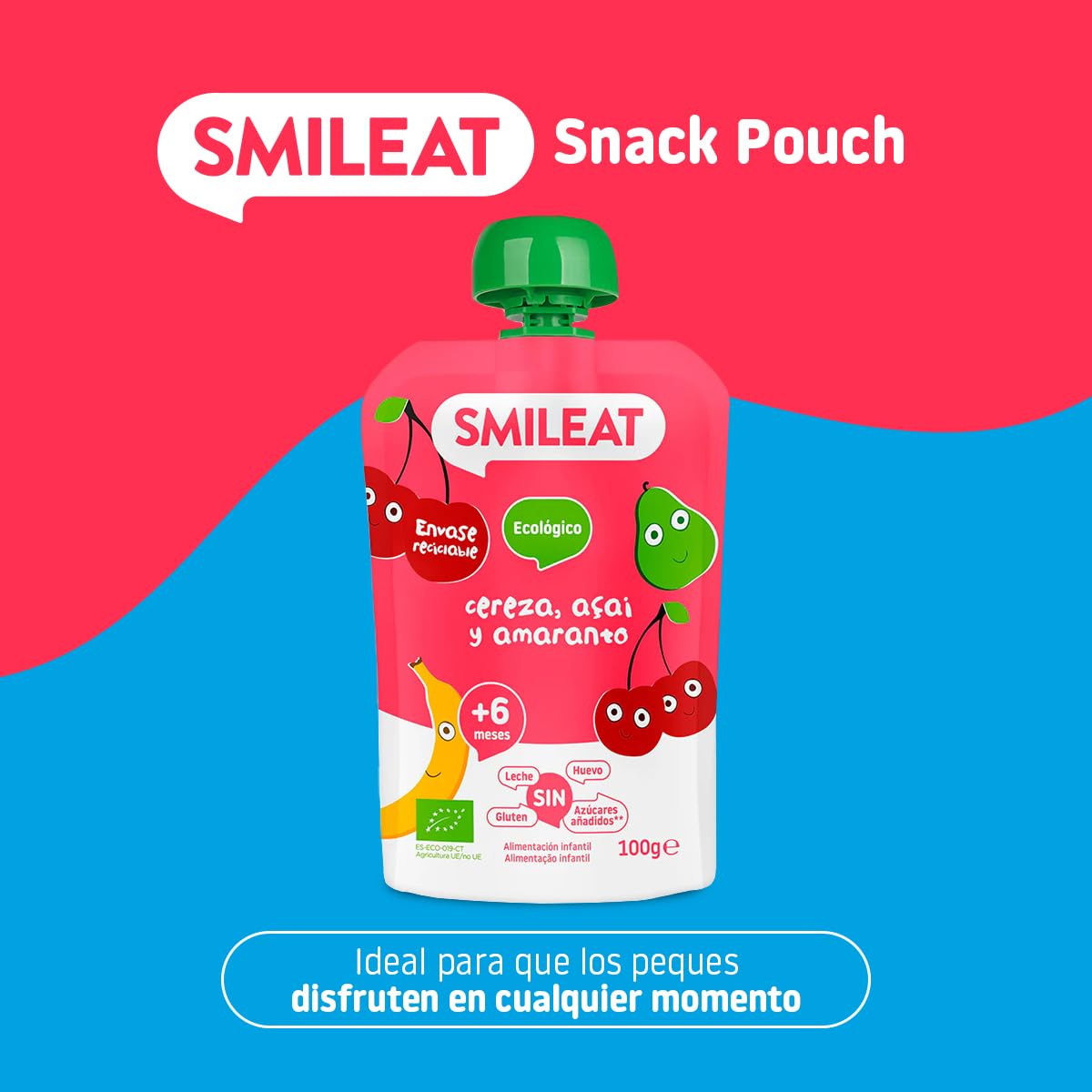 Smileat - Pouch de Frutas Ecológicas - Sin Sal ni Azúcar Añadido, Sin Gluten - Snack Práctico para Peques - Sabor a Cereza, Açai y Amaranto — view 2
