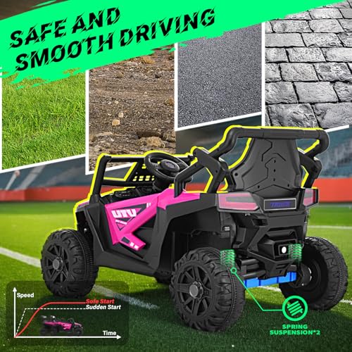 Joywhale 12V Kids Ride on Toy Car, Battery Powered Electric Off-Road UTV Truck with Remote, 12 Volt Kids UTV for Toddlers with 3 Speeds, Music, Safety Belt, Suspension, LED Lights, Pink - Thumbnail 4