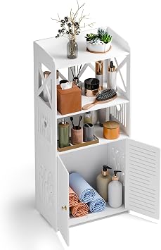 35.4" Tall Bathroom Floor Cabinet with Doors, Freestanding Narrow Storage Organizer with Hollow Carved Design, Modern PVC Vanity Shelf for Bathroom, Kitchen, Living Room White
