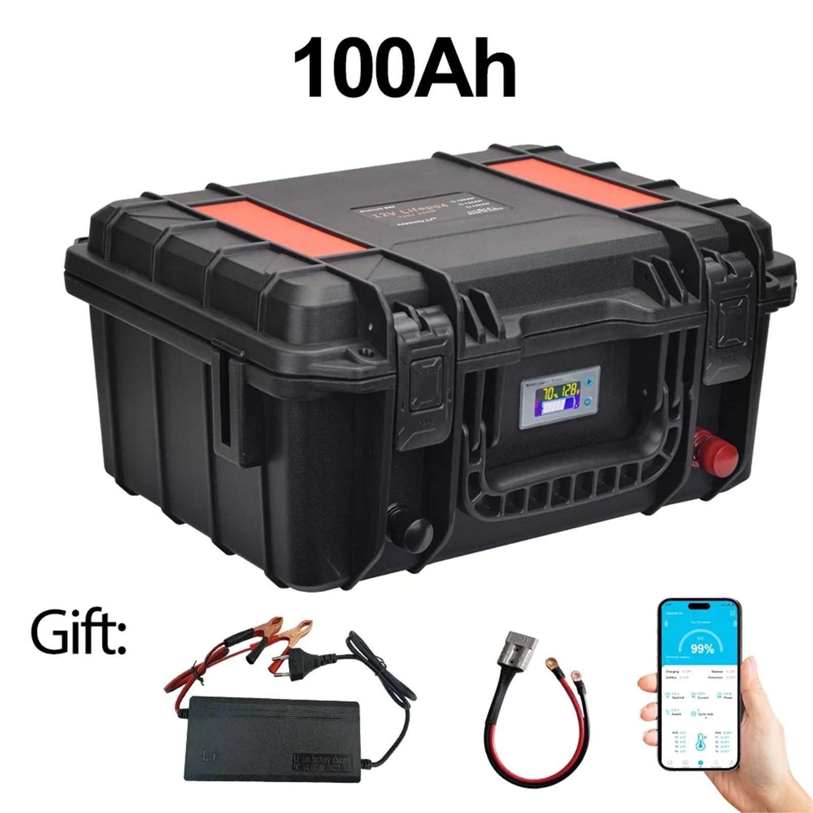 Akumulator Lifepo4 12,8 V, 100 Ah, 120 Ah, akumulator LiFePo 4 12,8 V, 4S1P z BMS, zasilanie zewnętrzne, czarny/pomarańczowy (OG 100Ah Bluetooth)