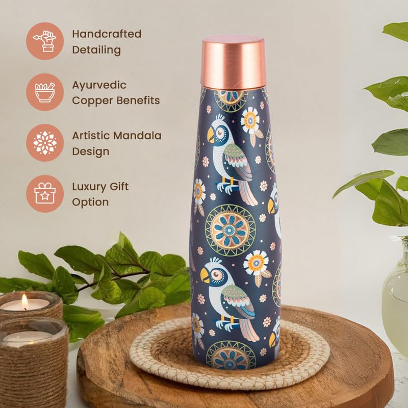 Image of Copper Bottle | Bird Motif | UV Printed Design | Pure Copper Water Bottle for Health & Wellness | 900 ml Capacity