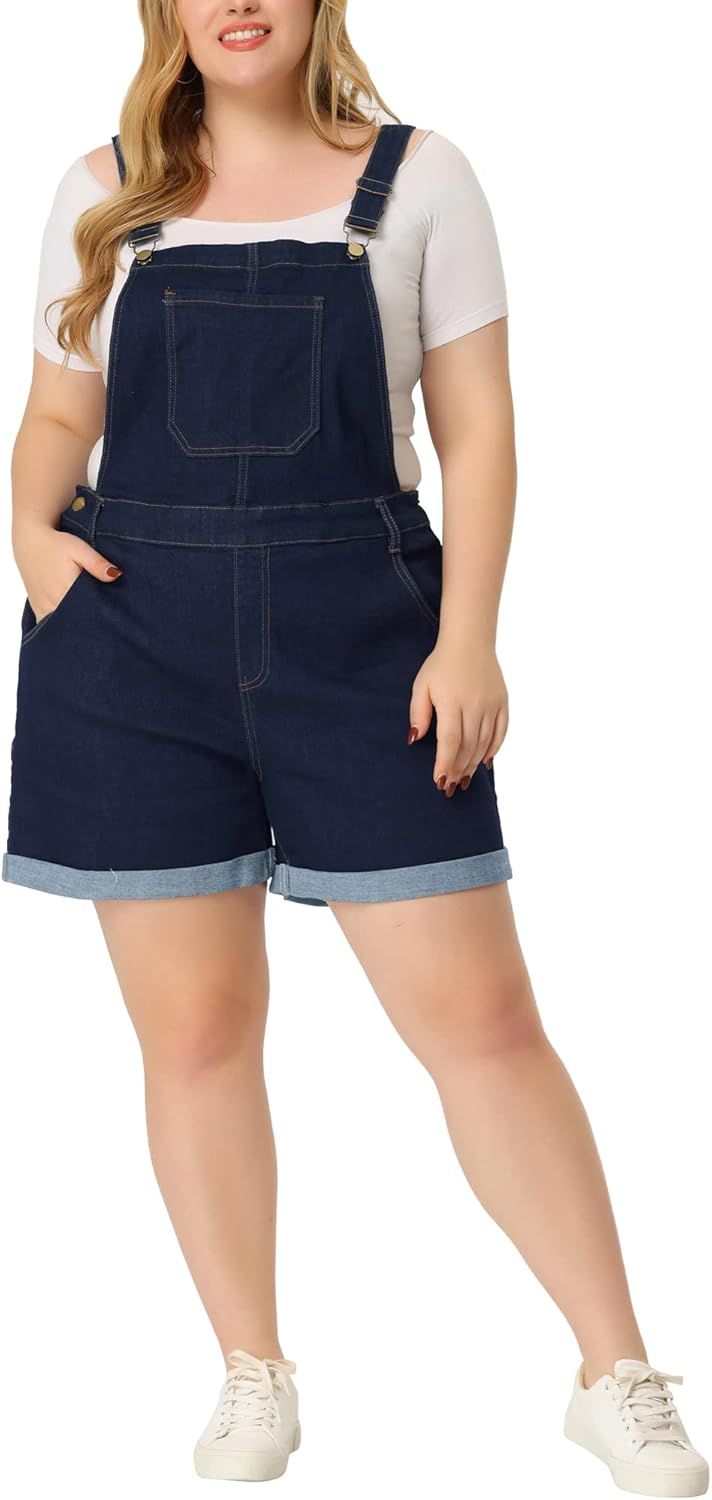 Agnes Orinda Plus Size Overall Shorts for Women Jumpsuit Roll Hem Pocket Jean Denim Overalls - Image 2