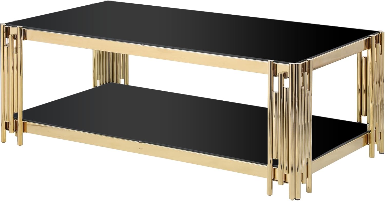 Luxrious Gold Black Coffee Table with Golden Stainless Steel Frame, Double-Layer Glass Top for Living Room, Rectangular Central Cocktail Table