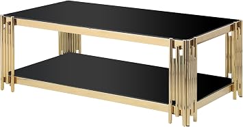 Luxrious Gold Black Coffee Table Glass Coffee Table with Golden Stainless Steel Frame,Double-Layer Coffee Table for Living Room,Rectangular Coffee Table with Glass Top,Central Table Cocktail Table