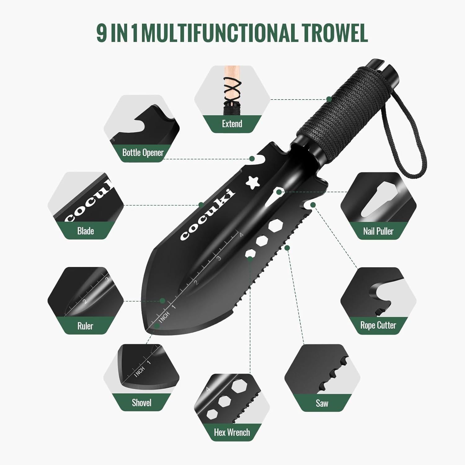 Portable Backpacking Trowel, 9 in 1 Mini Hand Camping Shovel, Ultralight Hori Hori Multi Shovel with Carrying Pouch,for Camping, Gardening, Hiking, Survival - Image 3