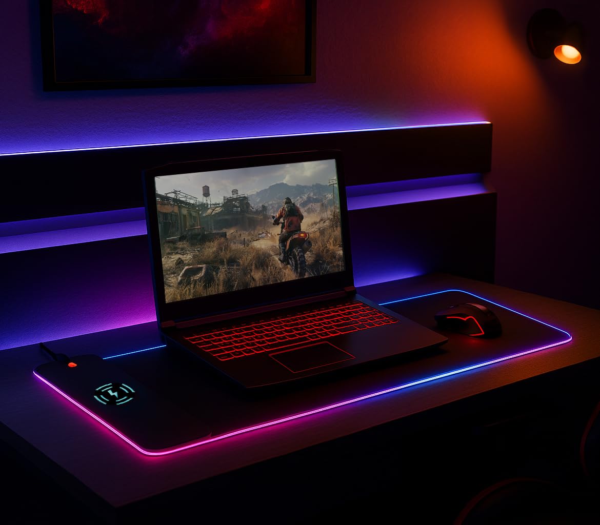 Tapis de Souris Gaming RGB XXL Premium Anti-Dérapant - Chargeur Induction 15W - 10 Modes LED - Tapis Bureau Gamer 2 en 1-800x300 mm - Chargeur sans-Fil Fast-Charge