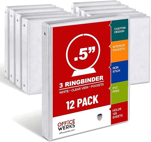 12 Pack of 0.5 Inch 3 Ring Binders, Clear View