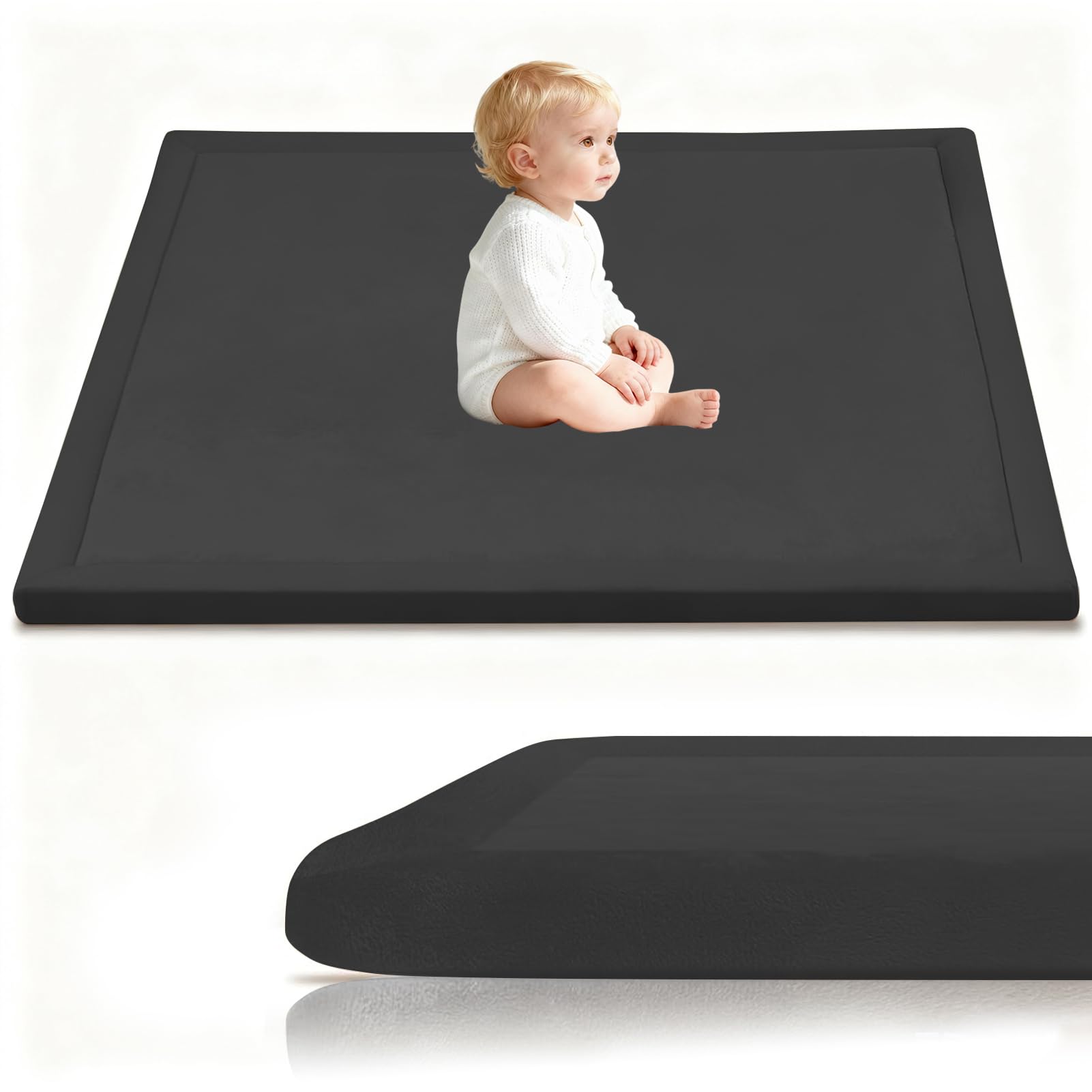Stqyeiw 3cm Thick Baby Crawling Mat, Baby Play Mat 60 x 200 cm Black Nursery Rug for Crawling Playing for Bedroom Kids, Non Slip Coral Velvet Babies Mats for Floor Play — image 1