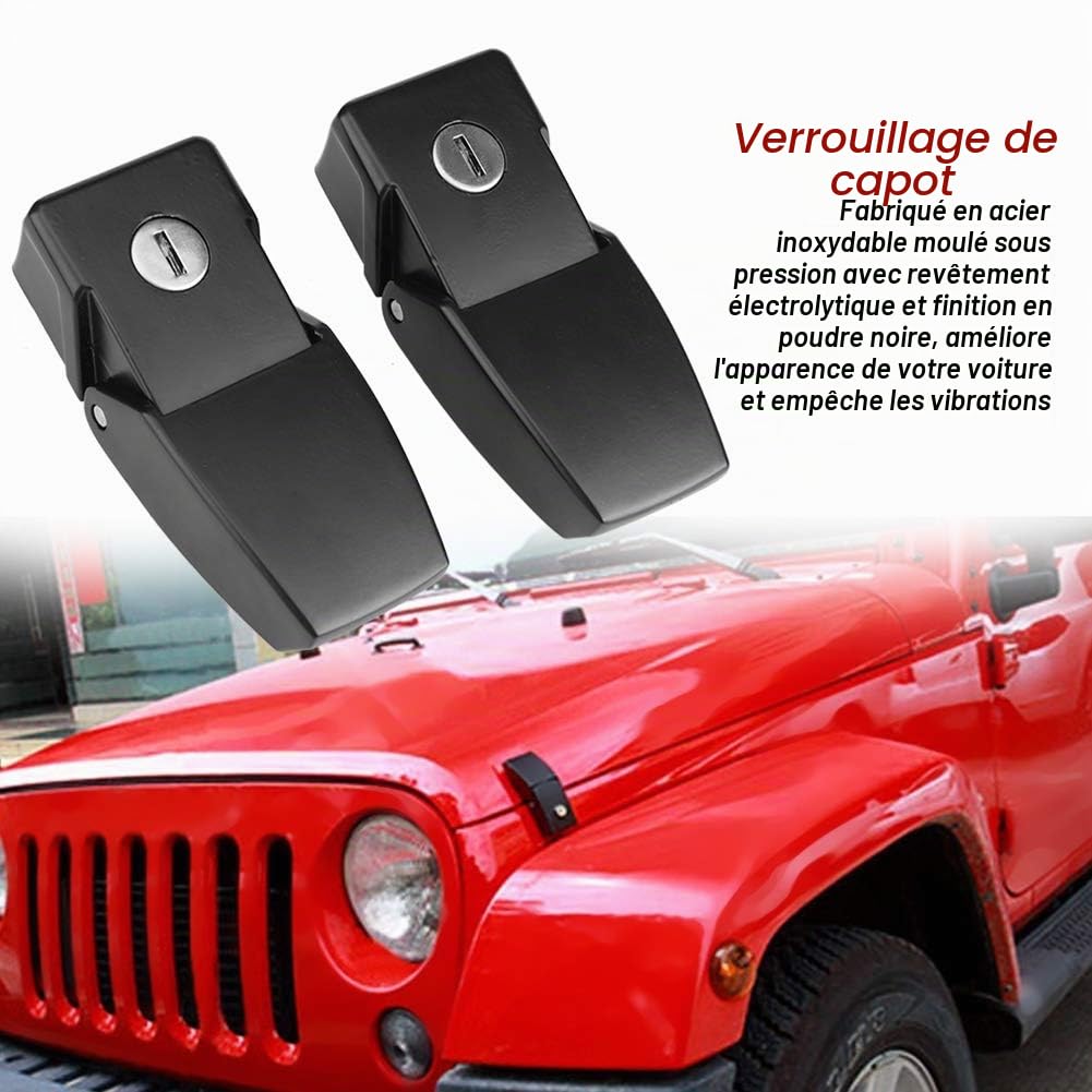 Clé de Verrouillage de Capot, Kit de Verrouillage de Capot de Voiture Antivol avec Clés pour Jeep Wrangler JK Unlimited 07 17