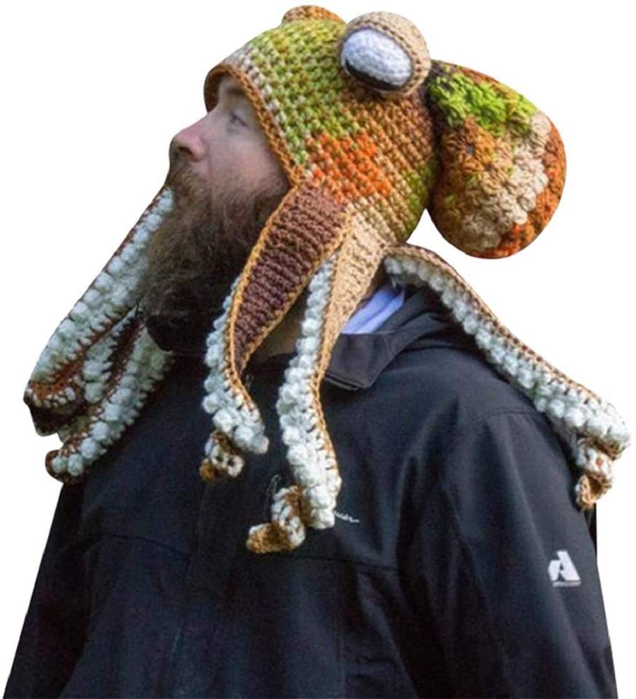 MINHADISI Adult Unisex Octopus Knitted Hat, Funny Cartoon Long Tentacle Eye Cosplay Hat for Party Props (Tip D)