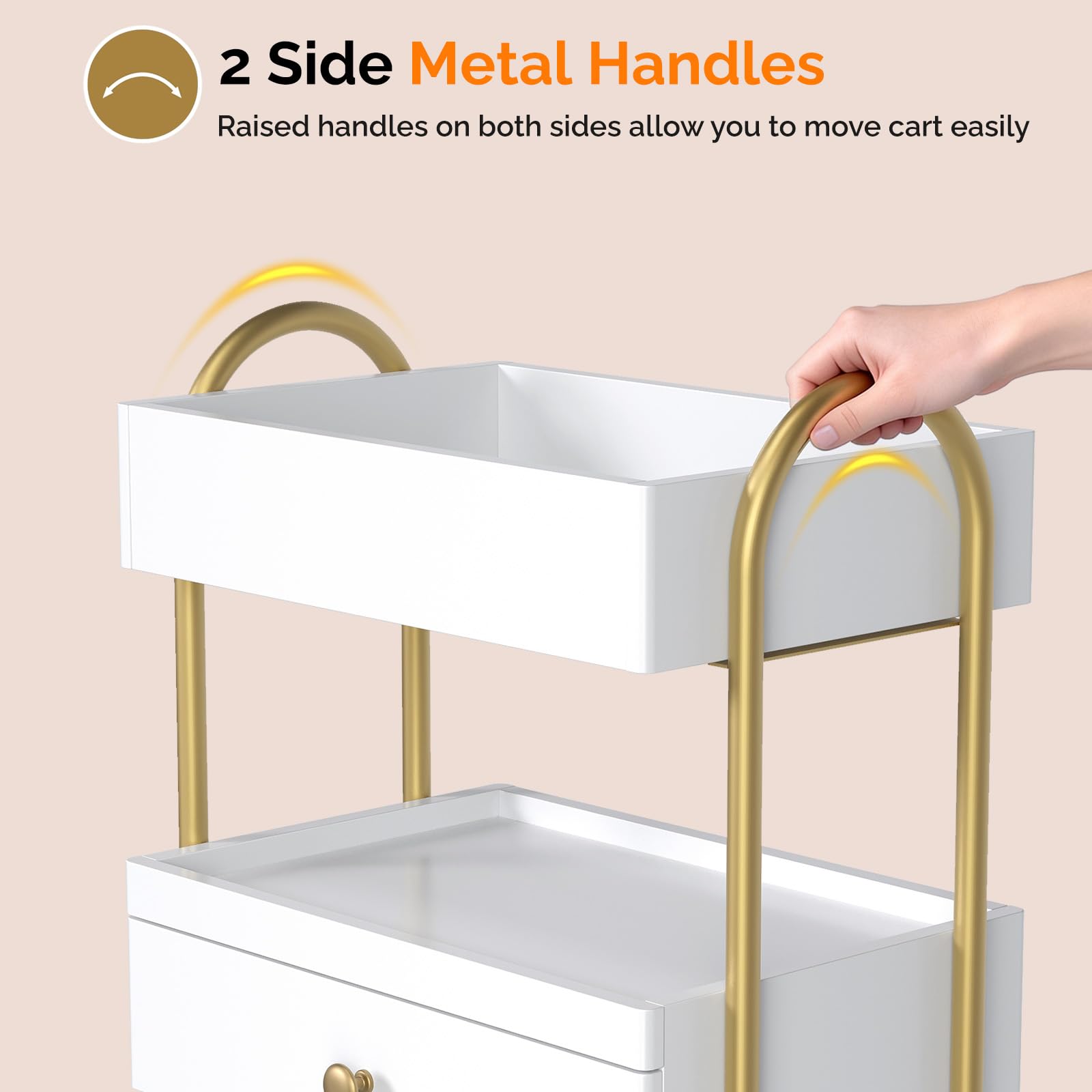 Bonnlo Friseurwagen Salon Trolley Rollwagen mit 4 Rollen 360° 3 Ablagen Schubladen MDF 46x31.5x81.5 cm Weiß-Gold