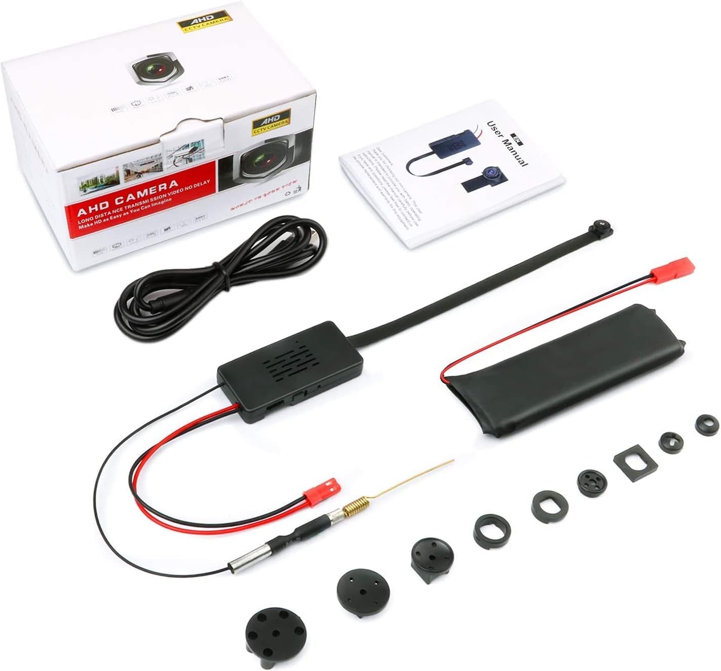 Contents of the QZT Mini WiFi Camera package including main unit, camera, battery, cables, and accessories