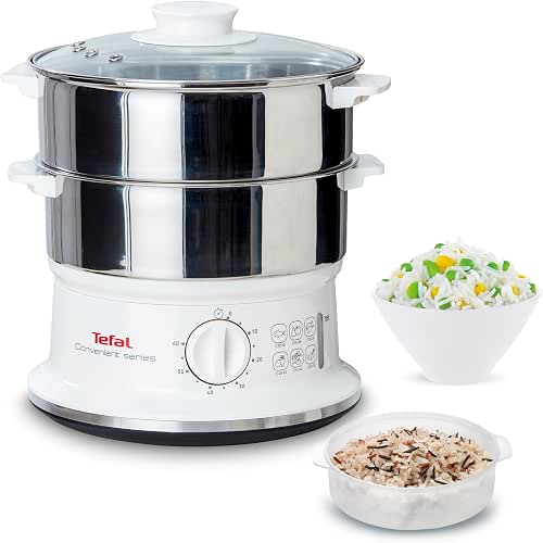 Tefal Dampfgarer elektrisch, 2 Edelstahlbehälter, 6L Fassungsvermögen, Dampfkocher mit 24cm