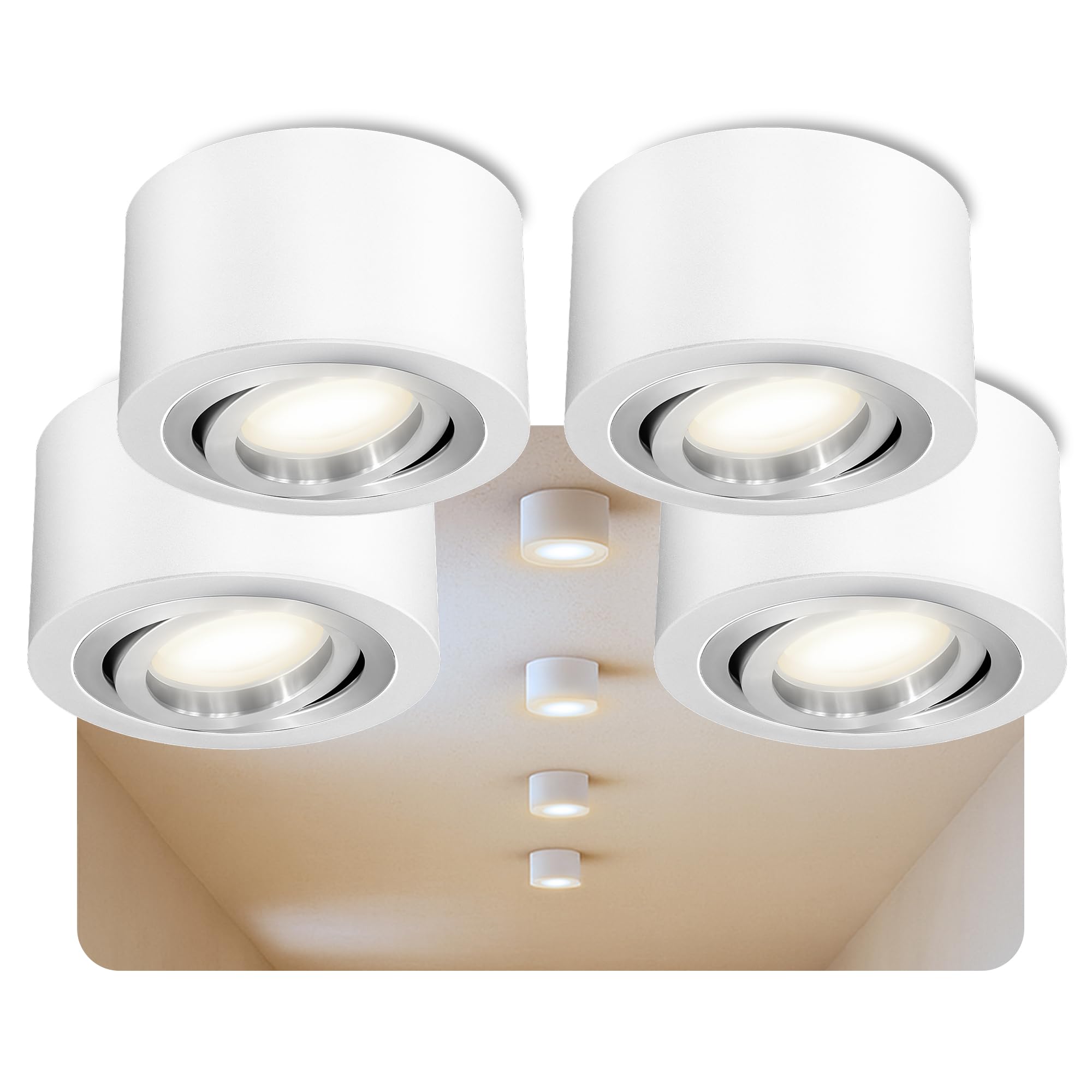 SSC-LUXon 4 x LANTI Aufbauspot weiß rund silber Innenring – schwenkbarer Strahler mit LED 4W neutralweiß 230V – Spot für Wohnzimmer & Küche