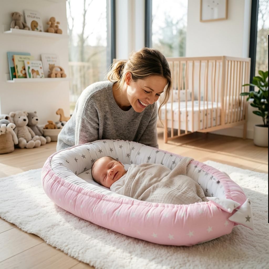 PaLulli nid bébé nid bébé Cocon bébé 50x90 cm, 2 Faces, 100% Coton, nid pour lit bébé, nid Douillet, Oreiller, lit de Voyage pour bébés et Nourrissons (étoiles D)