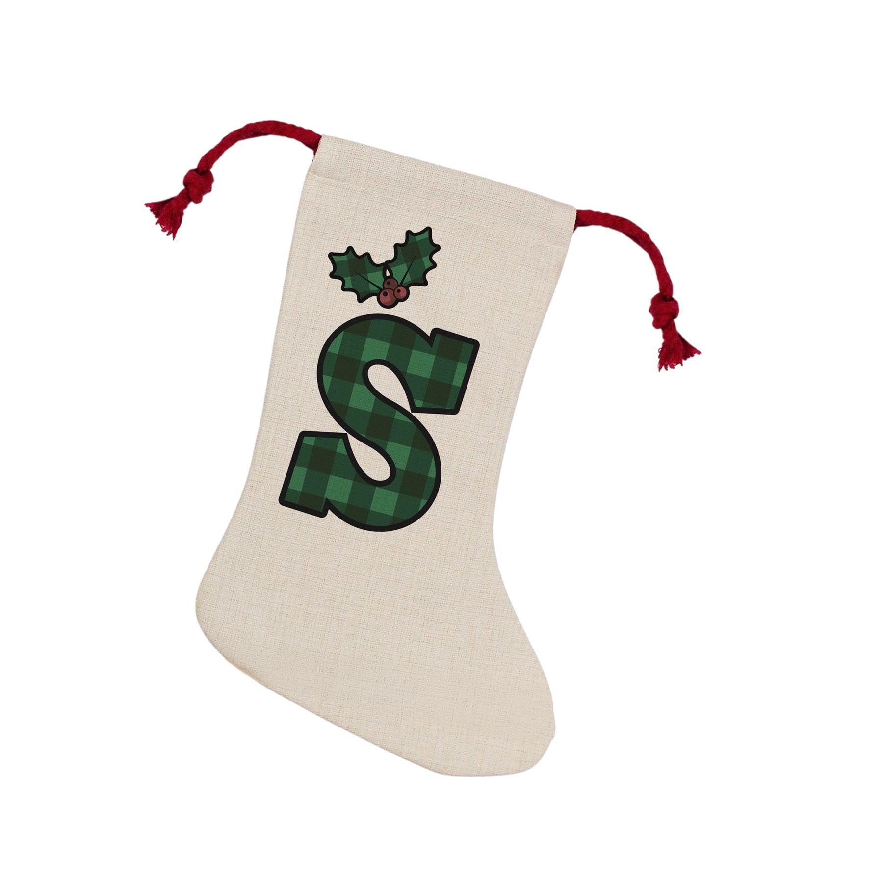 Purely Home Green Tartan Alphabet Letter S Stocking - Novelty Initial Xmas Gift Linen-Style With Red Drawstring Ties