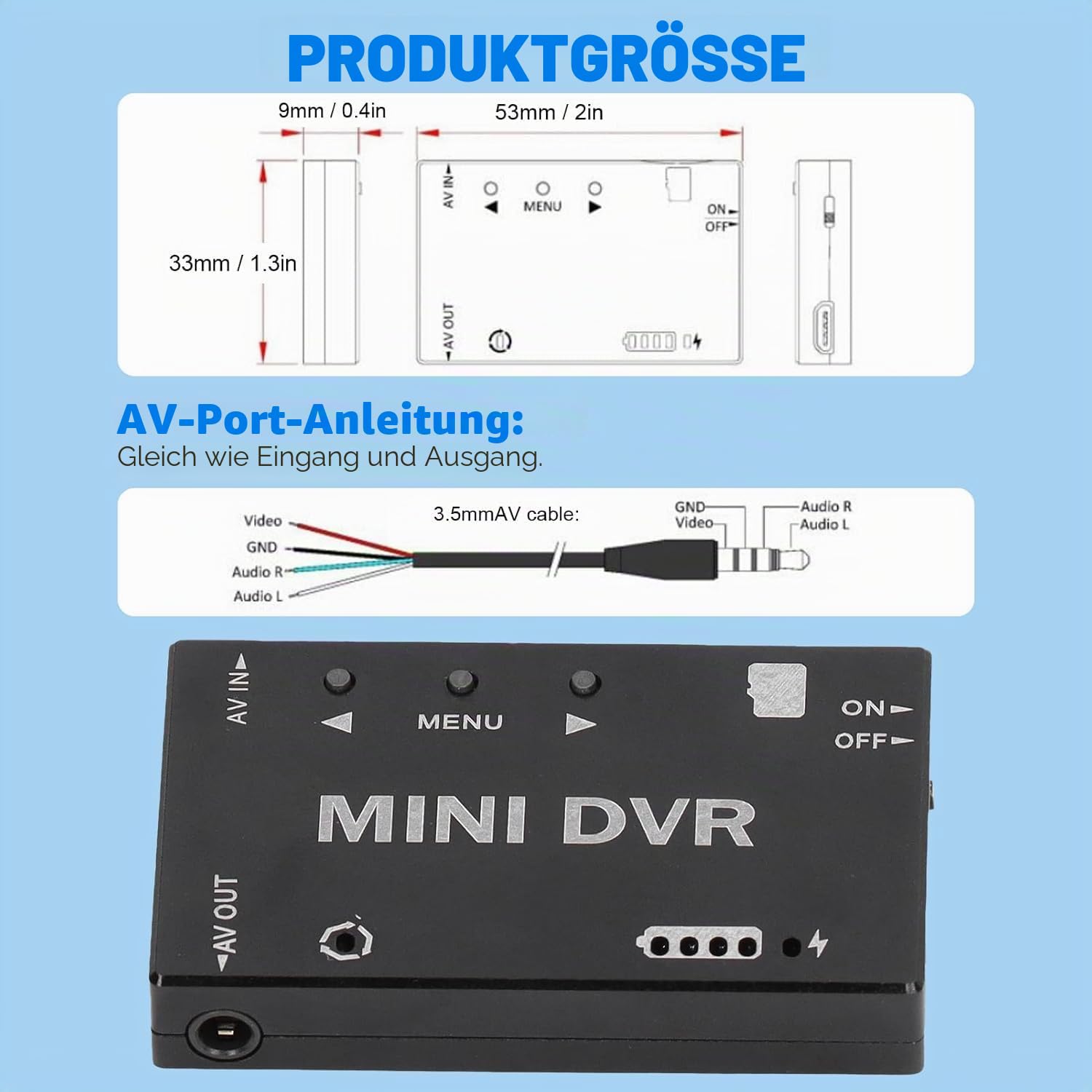 Qcwwy Mini DVR Recorder mit NTSC PAL Switchable 32 GB Unterstützung 11 Sprachmenü FPV Drohne RC Modell Mini FPV DVR Modul Digital Video Recorder Models Spielzeug Spielzeug