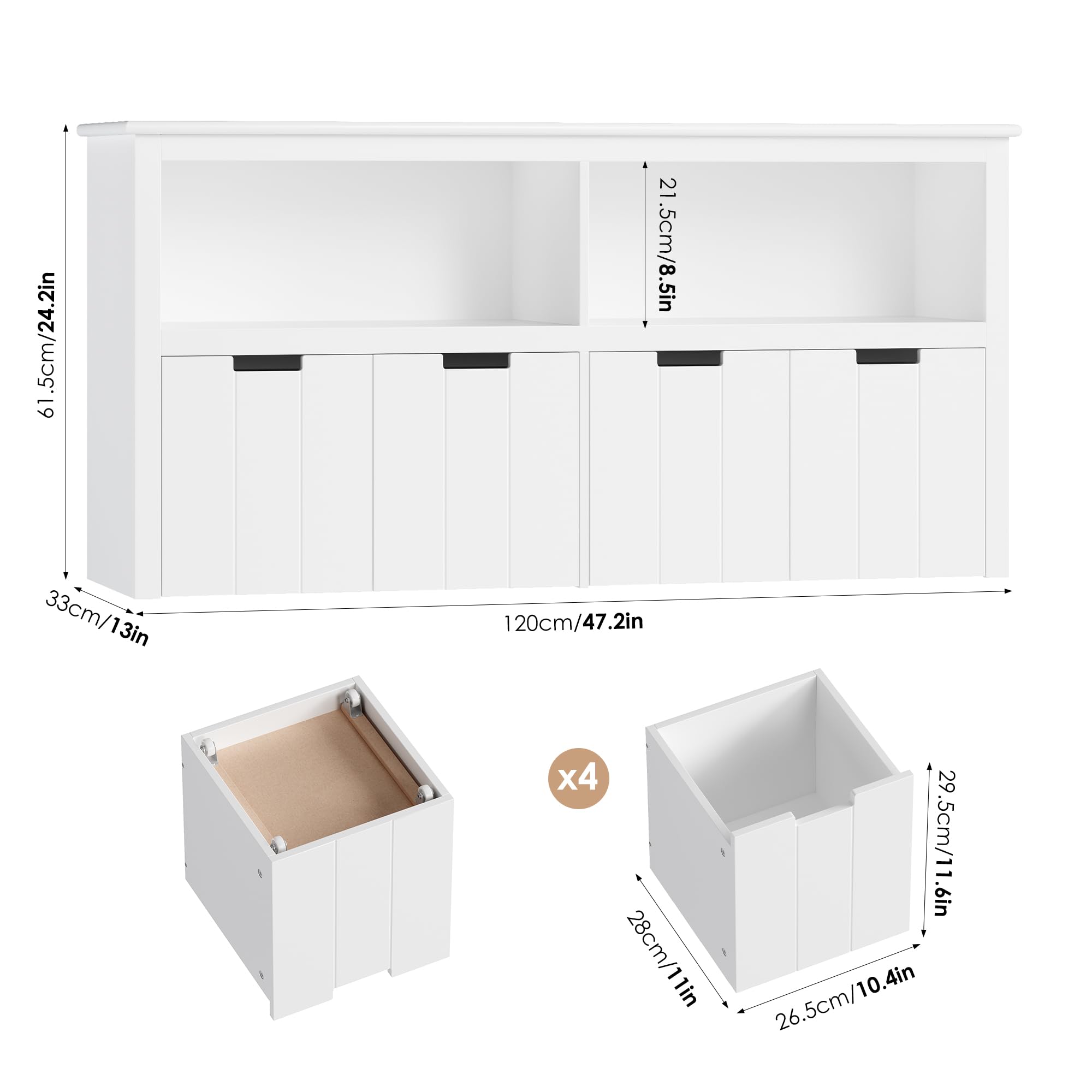 FOREHILL Kinderregal mit Boxen auf Rollen, Spielzeug Aufbewahrung Kinderzimmer Möbel, Spielzeugregal, Kinderschrank, Regal weiß mit 4 Boxen, Aufbewahrungsbox für Kinder 120 x 61,5 x 33cm weiß