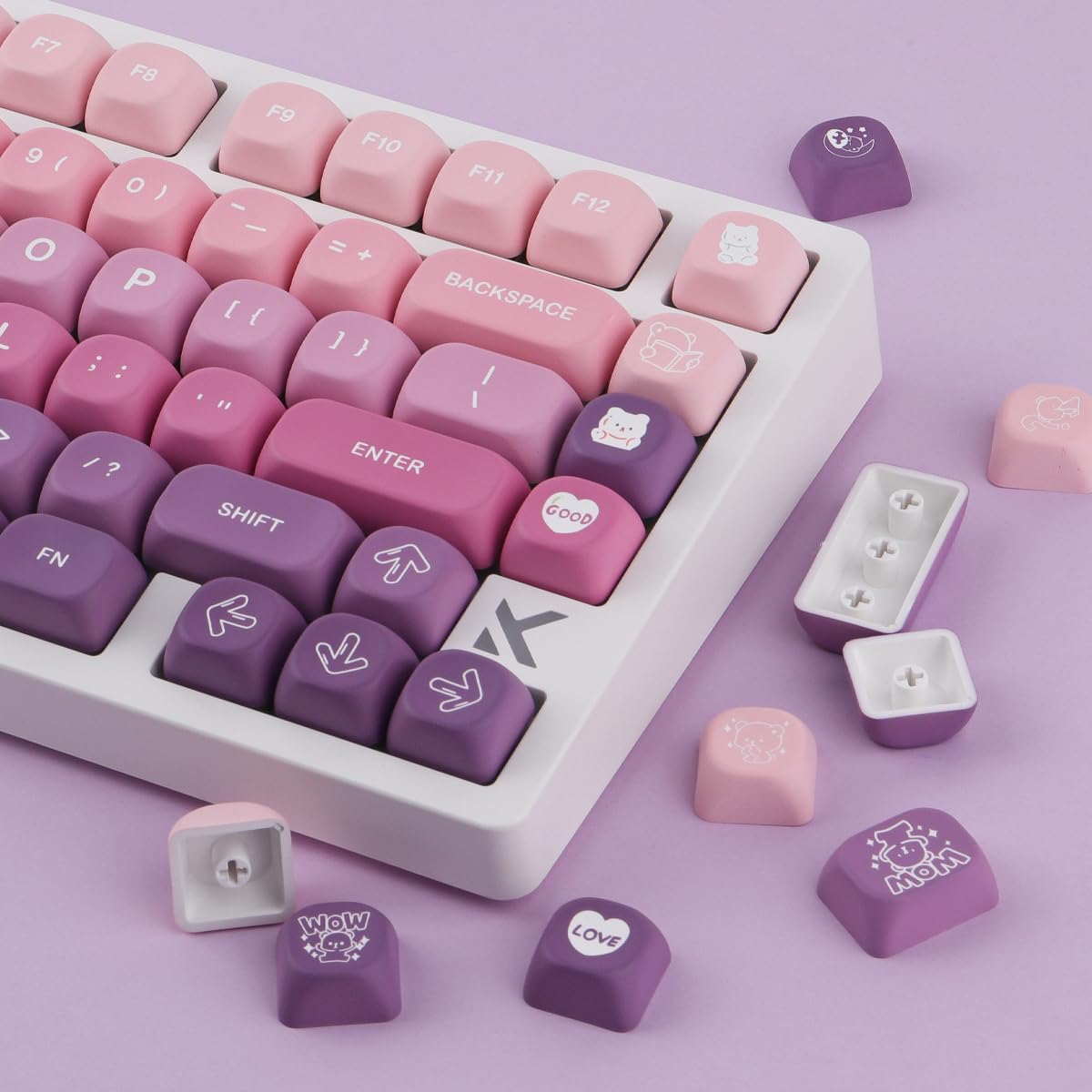 Sunzit MOA Keycaps,131 Keys Cute PBT Bear Custom Keycaps 60 65 75 100 Percent,Dye-Sub Key caps Keyboard Keycap Set for MX Switches Mechanical Keyboard (Purple)