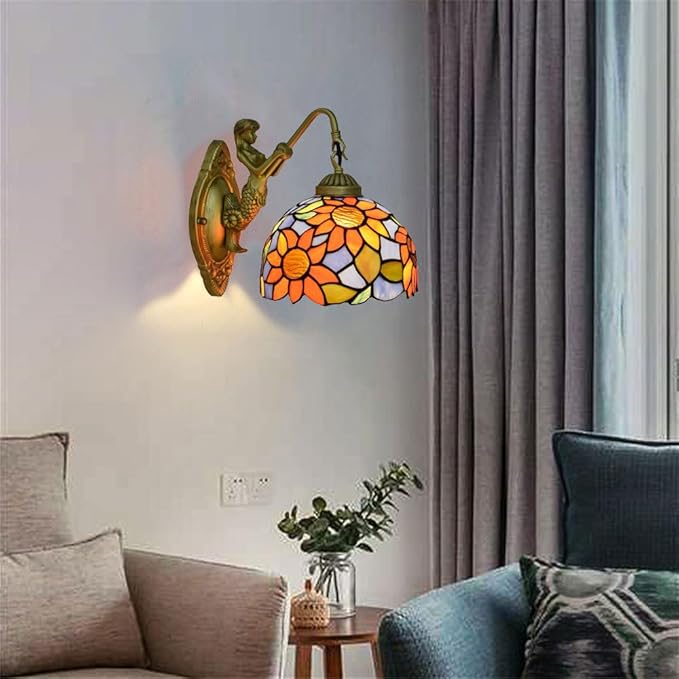 PAZWAHF Zonnebloem Patroon TiffanyStyle Wandkandelaar Lamp,8 Inch Glazen Spiegel Front Lichtpunt Slaapkamer Naast Wandlamp Met Zeemeermin Lamp Arm photo 2