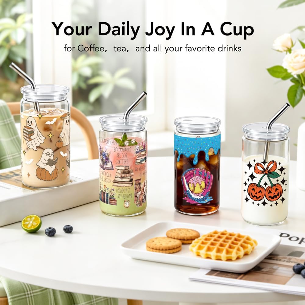 Cute Ghost Read Books Glass Cup with Lid & Straw, Halloween Book Lover Gift