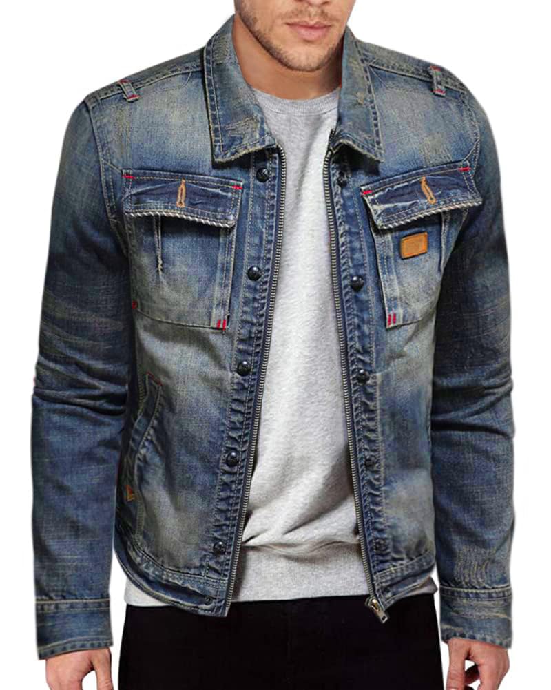 Giacca di Jeans Uomo Giubbotto Casual Denim Giubbino Slim Fit Jacket Retro Moda Giacca Moto Trucker Giacca di Jeans con Cerniera Giacche Denim Outwear Vintage