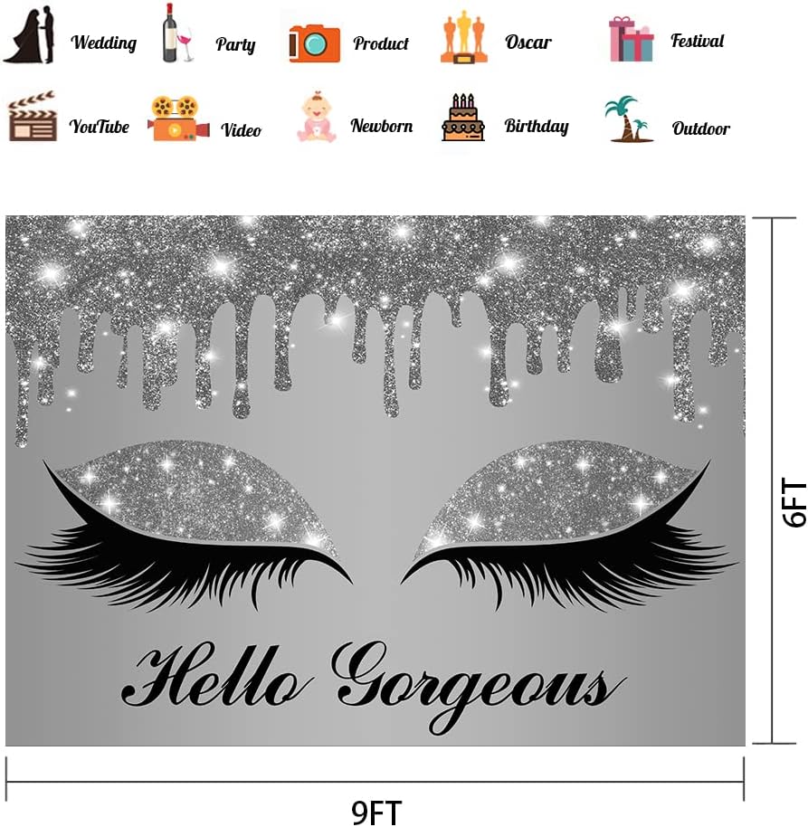 Make Up Pretty Eyelash Backdrop Photoshoot Vinyl 9x6ft Lashes Theme Silver Dripping Glitter Background for Spa Day Birthday Wedding Bridal Baby Shower Backdrop BJLSPH1476