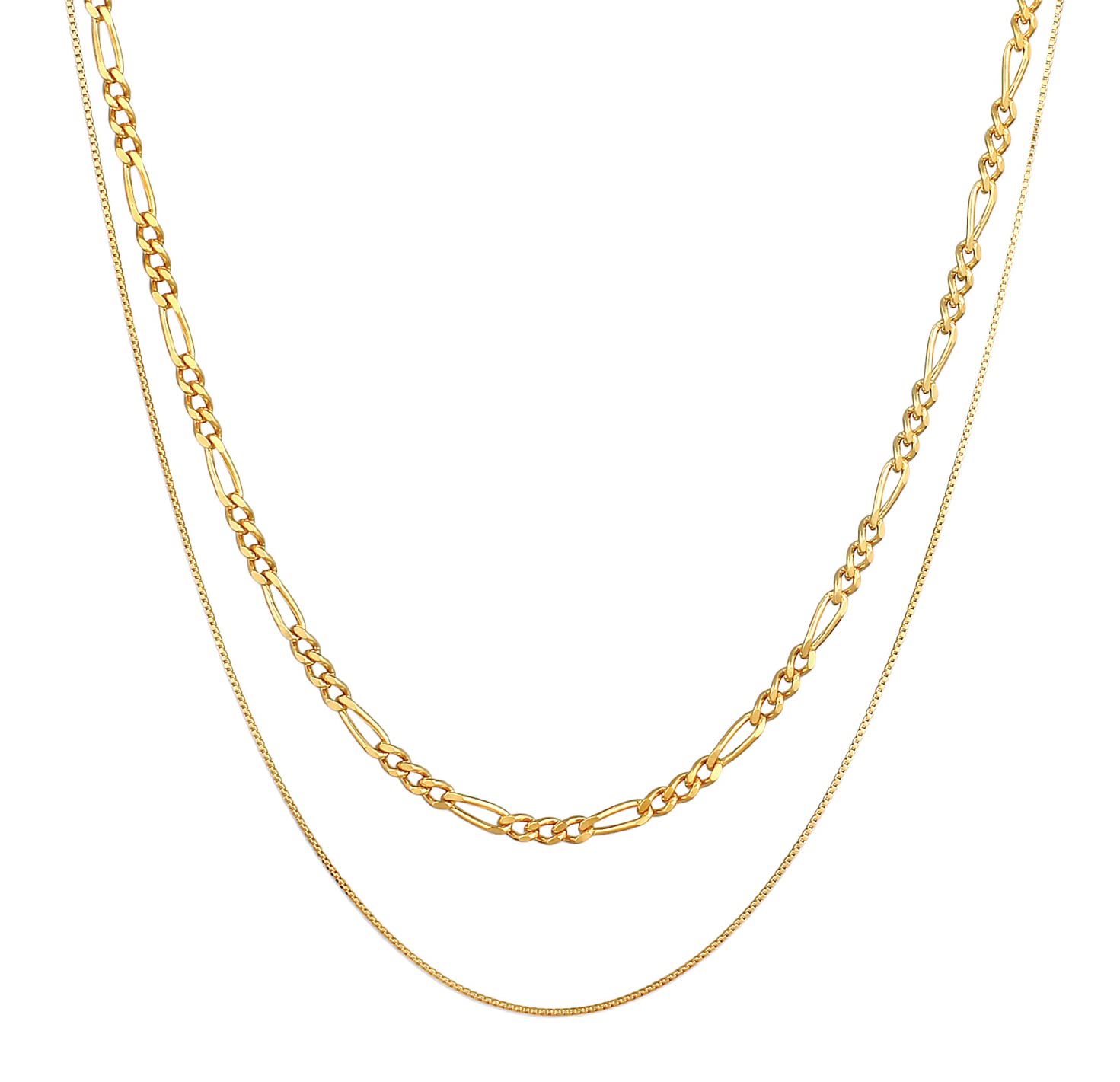 Kuzzoi Herren Halsketten Set aus 925 Sterling Silber vergoldet, Massive Figarokette 3 mm, Feine Venezianer Kette 1 mm für Manner, 2 goldene Herrenketten, Länge 50 + 55 cm