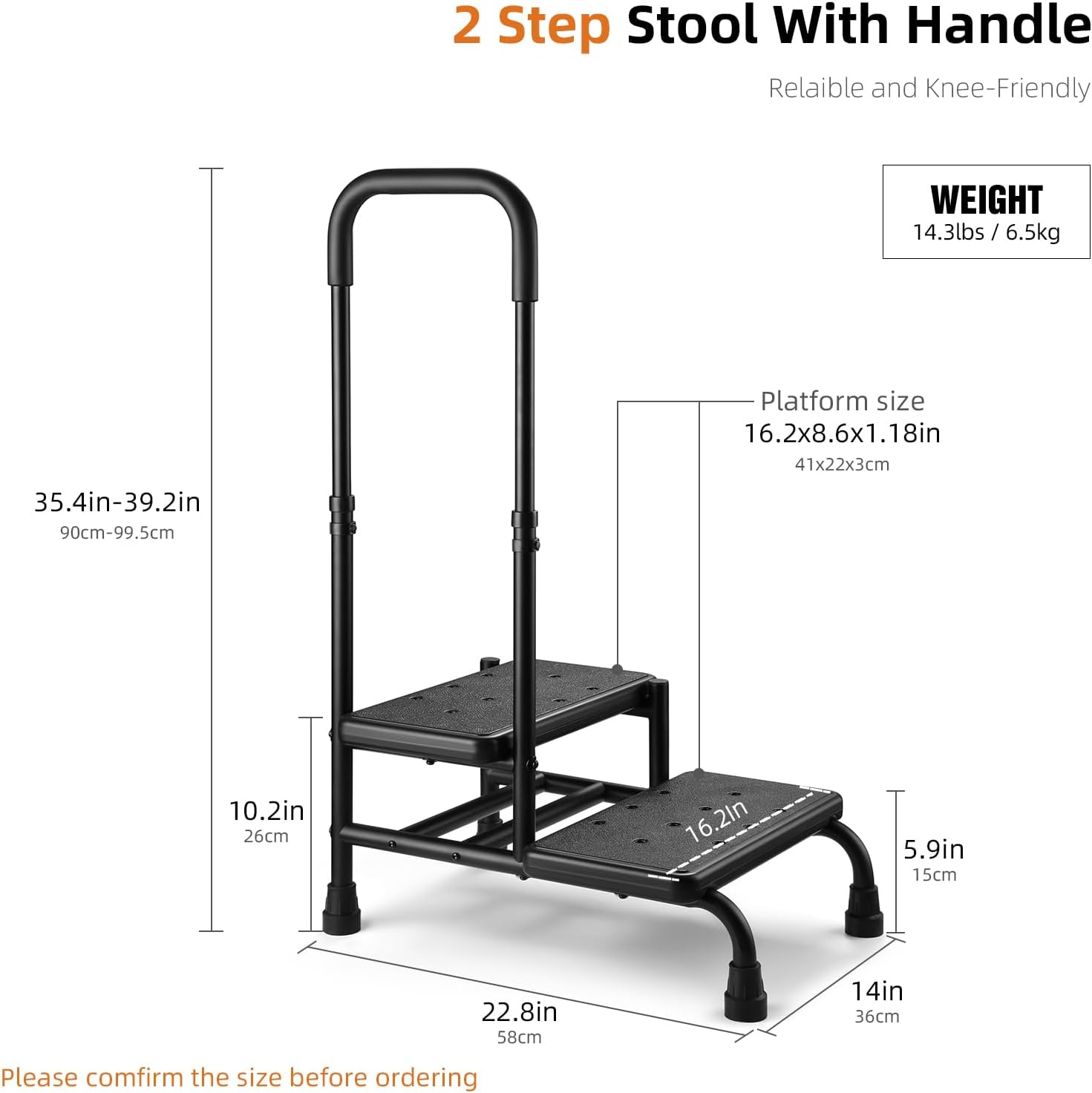 Step Stool with Handle, Non Slip Platform and Adjustable Handrail, Two Step Stool for Ederly, Adults and Handicap, Heavy Duty Foot Stool for High beds, Kitchen, Bathtub