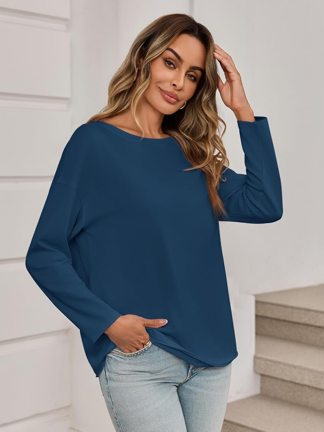 Yousify Womens Long Sleeve Oversized Tshirts Cotton Crewneck Casual Tunic Tops Trendy Loose Fit Basic Tees - Image 3