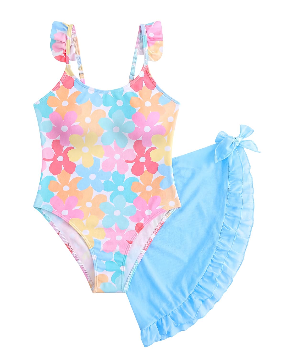 DivingBirds Traje de baño para niñas, traje de baño de dos piezas con falda, protección solar UV, traje de baño floral para niñas de 7 a 13 años