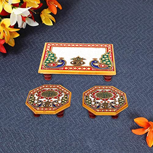 Handicrafts Paradise (6 x 4 & 4 x 4 inch, Set of 3Pc) Marble Puja Chowki with Intricate Painting for Mandir, Idols Statues Pratima, Bajot for God,Home Mandir, Home Décor Showpiece
