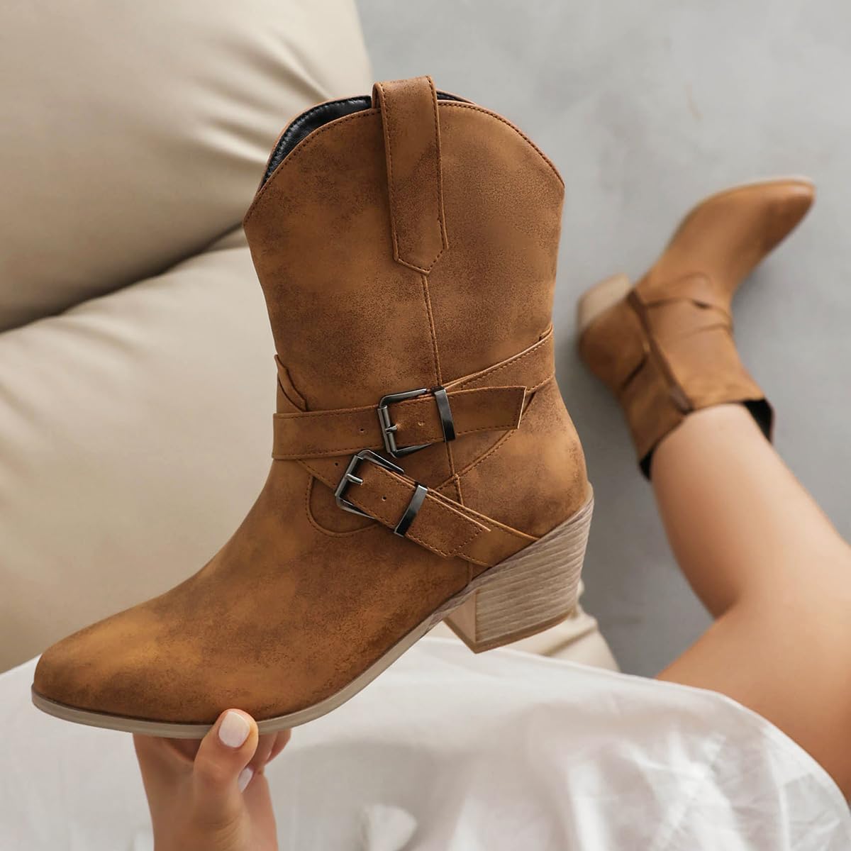 Amazon.com | LIPIJIXI Buckle Cross-tied Ankle Cowboy Boots
