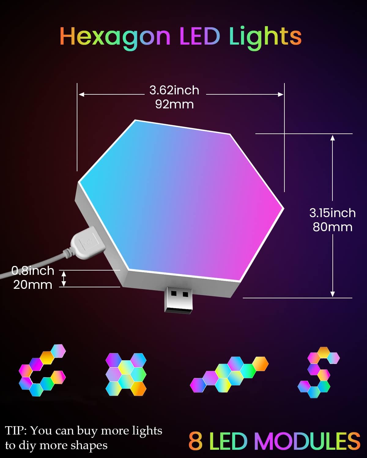 TISOFU Hexagon Lights (8 Pack) LED Wall Panels, RGB Gaming Lights with APP, Smart Modular Panel Hex Tiles Push Glide Expansion Shapes Light - Image 9