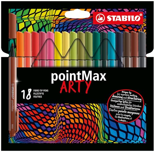Image of STABILO Nylon Tip Writing Pen pointMax ARTY card wallet of 18 assorted colours | Nylon-tip pens with bold 0.8 mm line and vivid, water-based colour for writing, journaling and colouring; set of 18