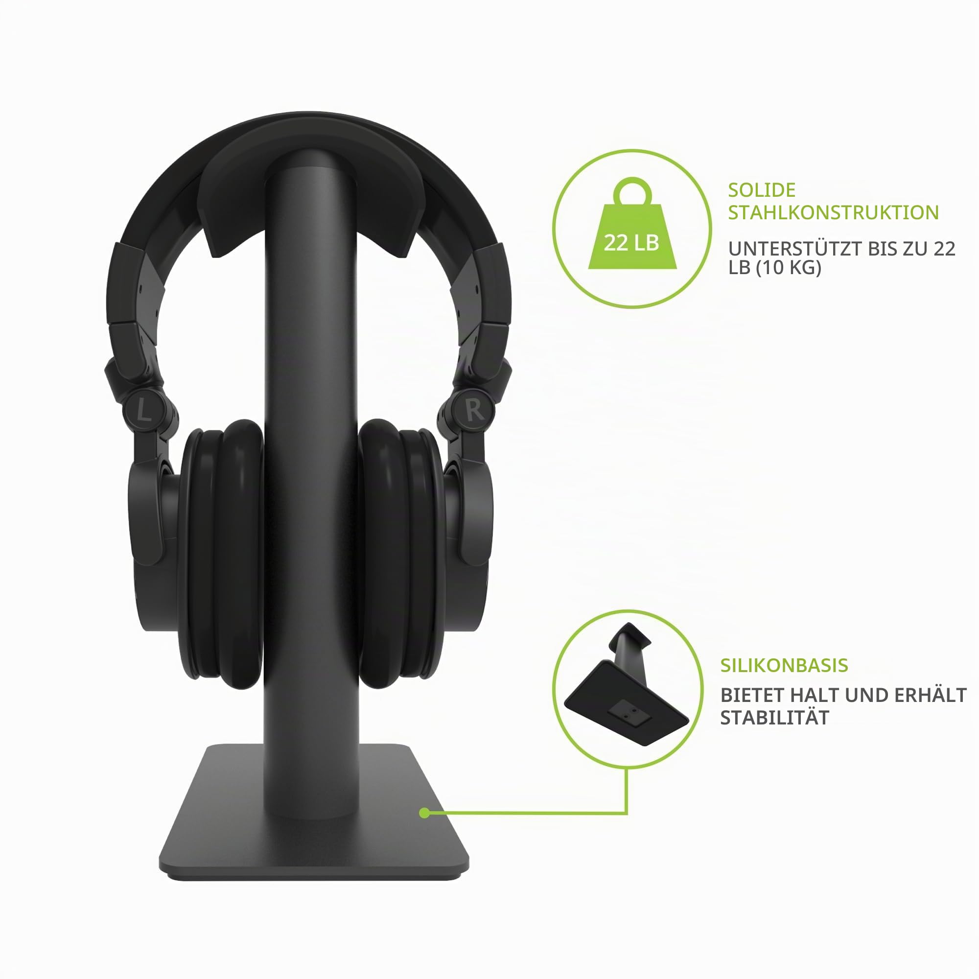 Kanto H2 Desktop Headphone Stand | Supports 10 kg | Curved Silicone Design Prevents Indents | Black